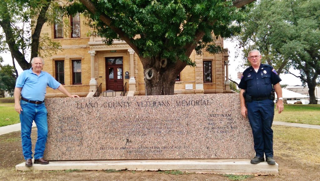 3.Llano County Commissioner Ron Wilson, left, and Llano police officer Kenneth Poe served in the U.S. Army during the time periods designated on this Llano County Veterans Memorial. 